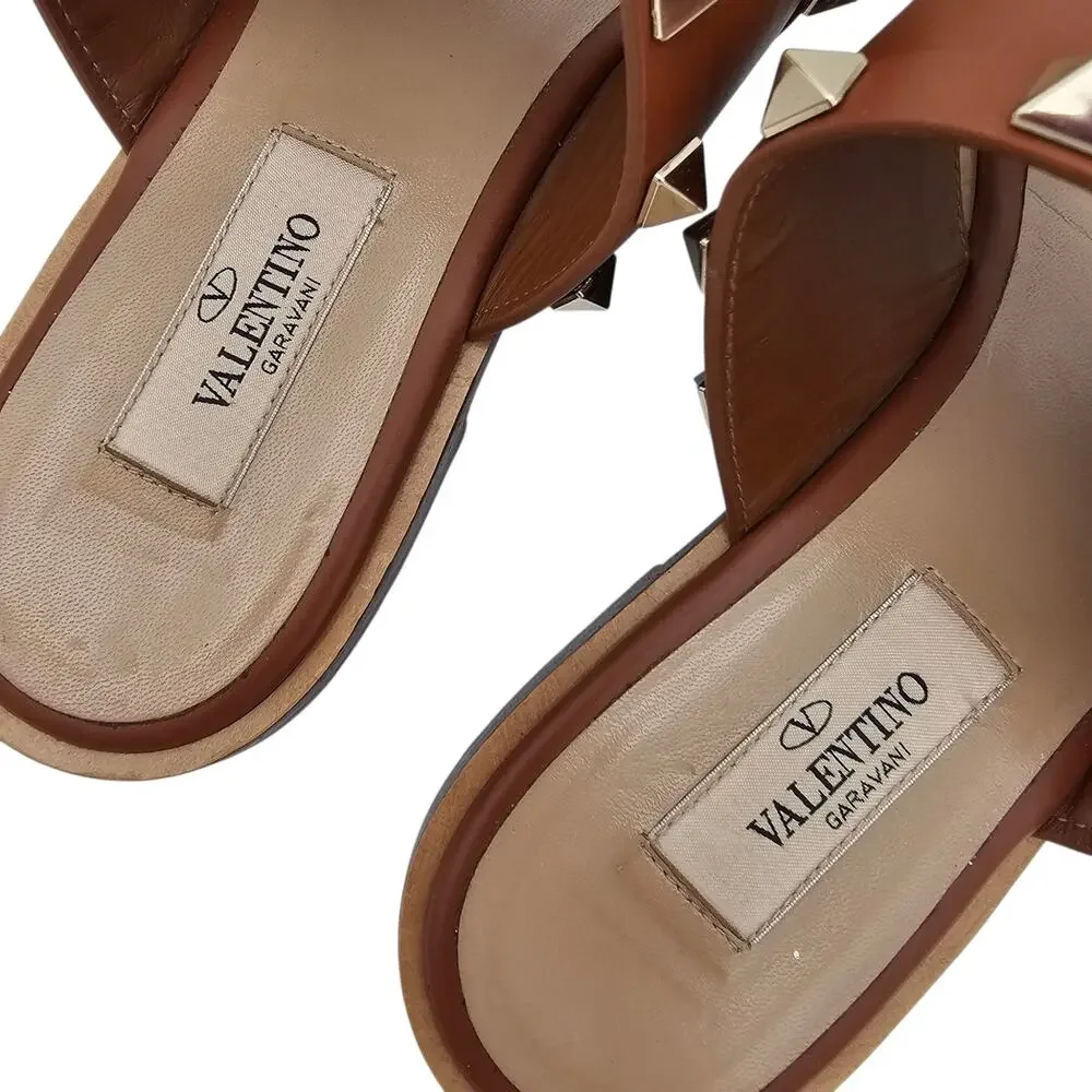 Valentino Garavani Rockstud Brown Leather Flat Sandal Strap Slide Gold Size 38 8